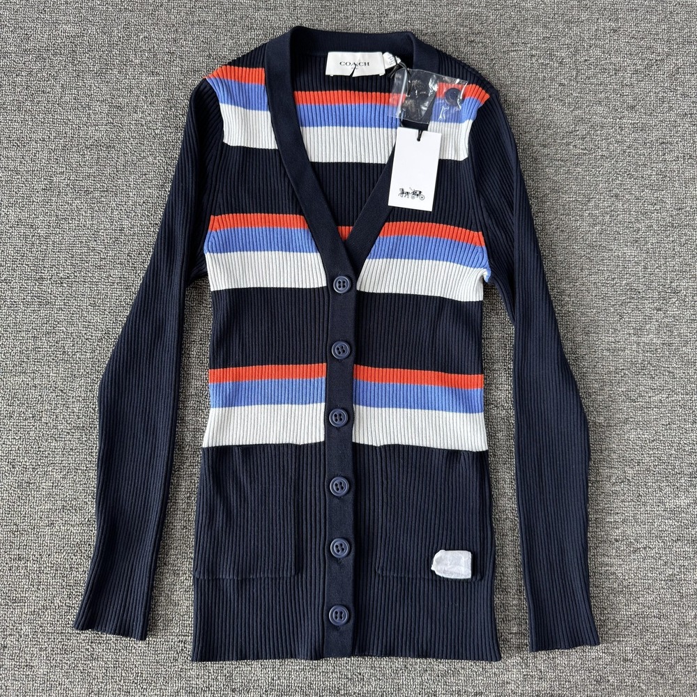Coach Cardigan Sweater Womens XS Multi Summer Cardi Stripe Rib Knit V Neck